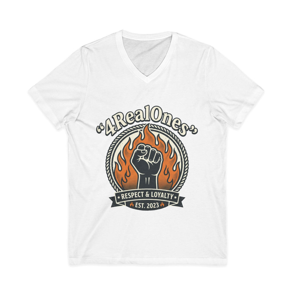 A Real Ones V-Neck Tee – "Respect & Loyalty" Fist Flame Graphic