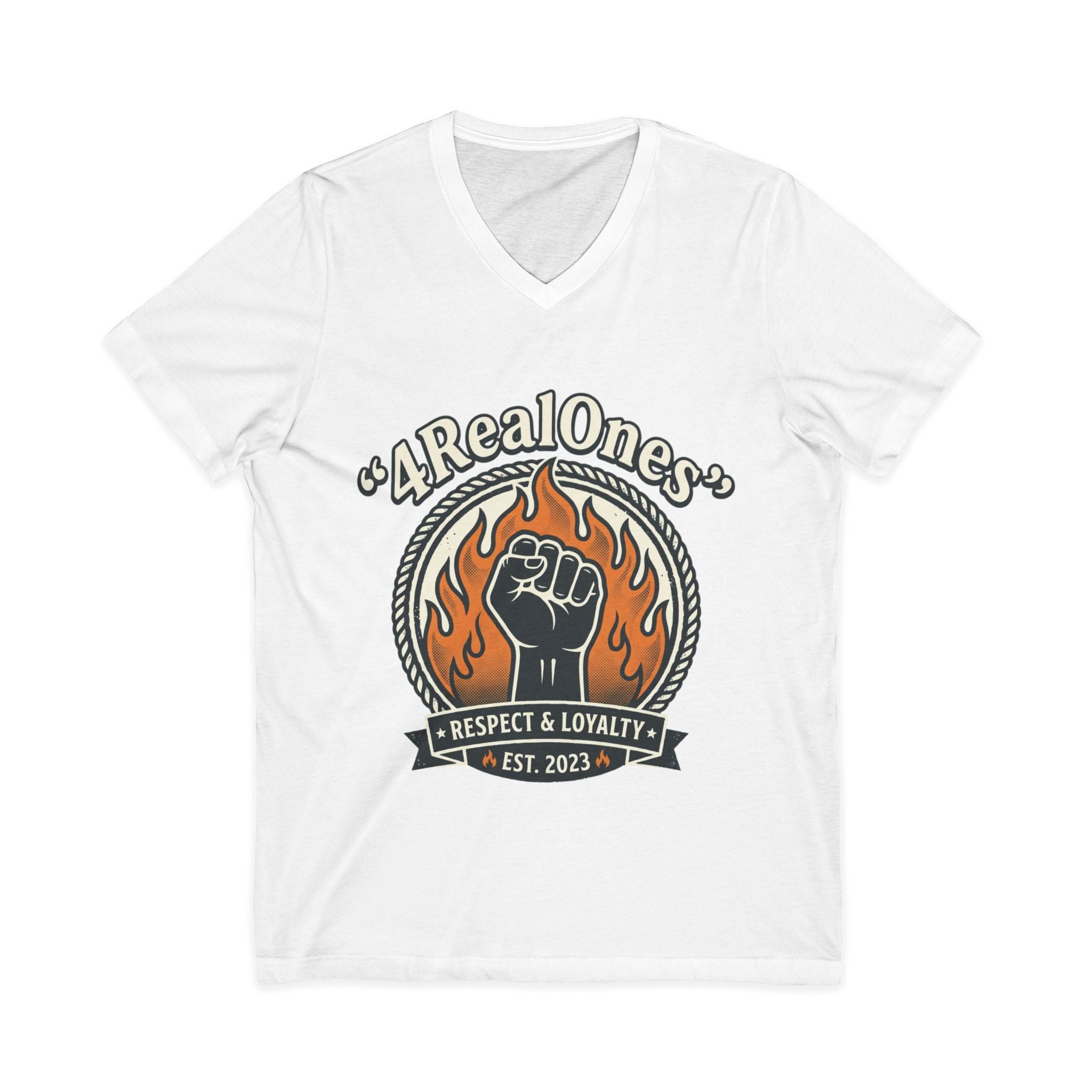 A Real Ones V-Neck Tee – "Respect & Loyalty" Fist Flame Graphic