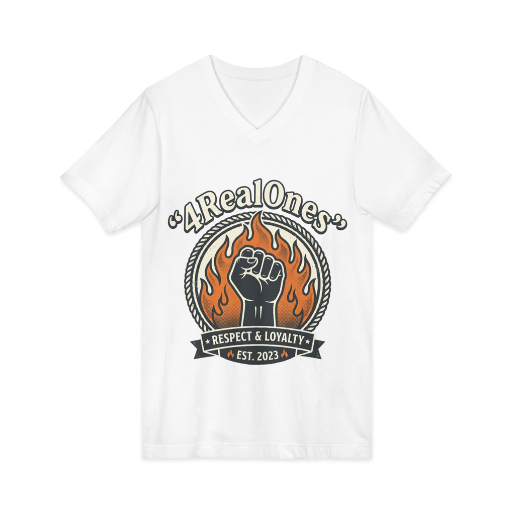 A Real Ones V-Neck Tee – "Respect & Loyalty" Fist Flame Graphic