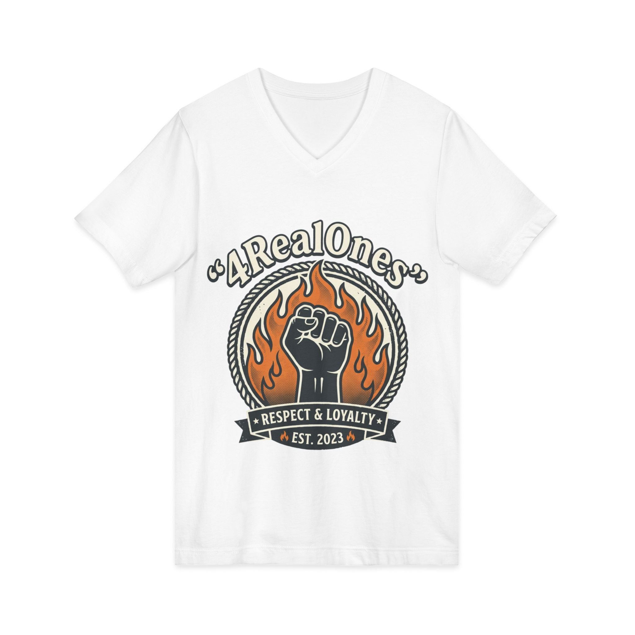 A Real Ones V-Neck Tee – "Respect & Loyalty" Fist Flame Graphic