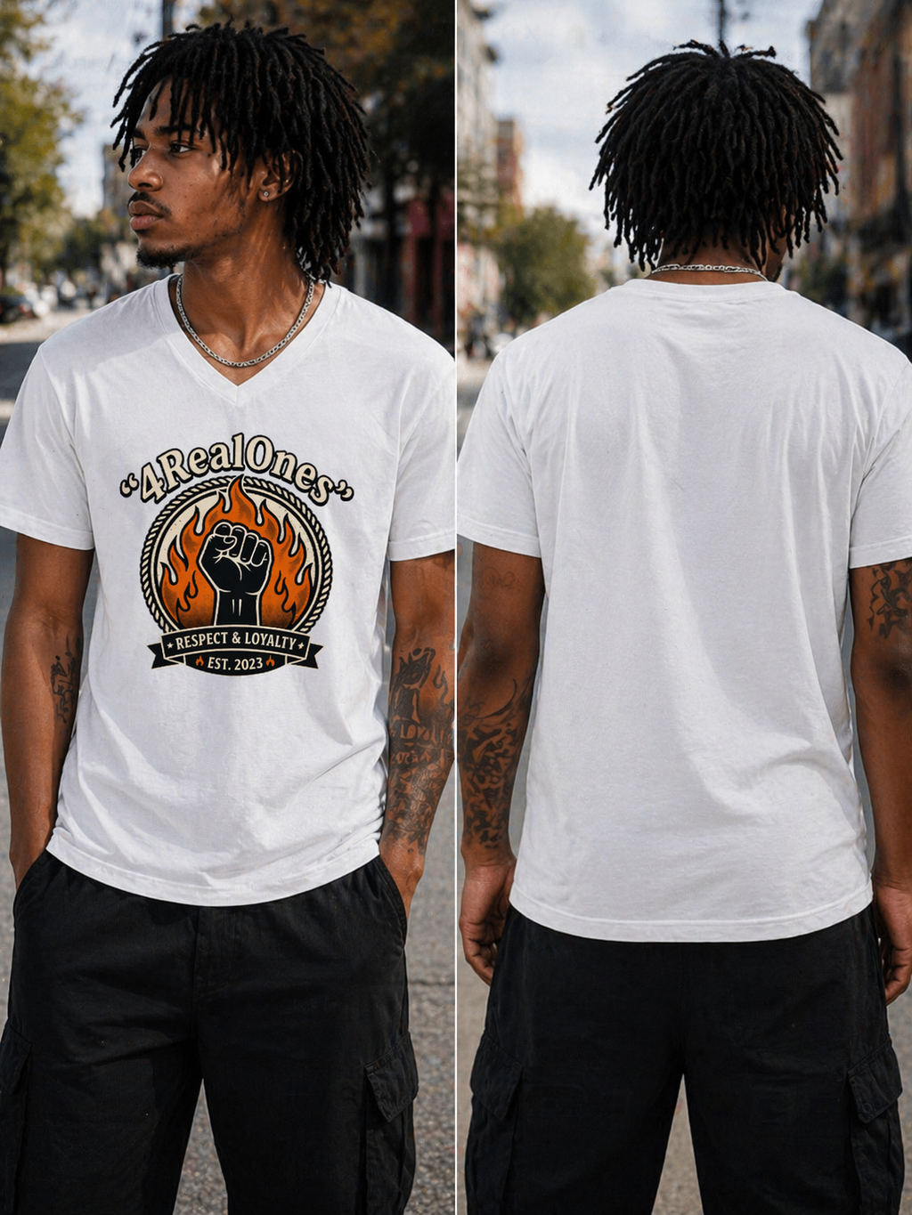 A Real Ones V-Neck Tee – "Respect & Loyalty" Fist Flame Graphic